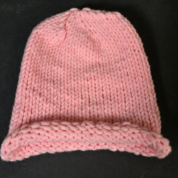 Handmade Knit Pink Rolled Brim Beanie Hat Wool Blend For Baby Girl Doll Bear - Picture 2 of 5